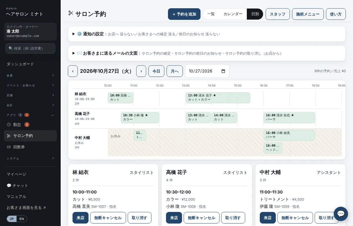 Booking view (staff × time)